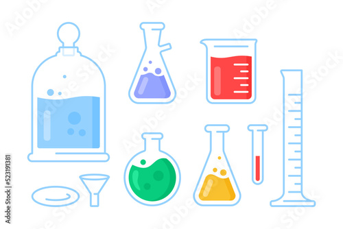 Set of laboratory glass modern icon. Different types of lab flask icons with liquid.