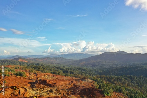 Kendari - Indonesia, June 1, 2022: Beautiful landscape view at the Nickel Mining Company (PT. Tiran Indonesia Site Lameruru, North Konawe, Southeast Sulawesi).
