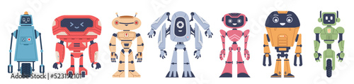 Set of funny robots. Flat cartoon vector illustration on isolated white background