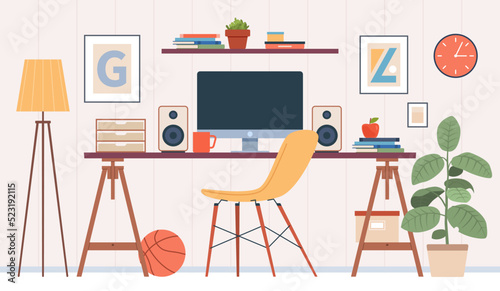 Home workplace with books, a potted plant, a basketball, a cup of coffee. Ìodern flat vector illustration