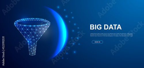 Funnel 3d polygonal symbol for landing page template. Low poly Big data illustration for promo banner design. Data filter design illustration concept.