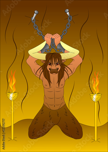 mythological creature minotaur, shackled in a cave