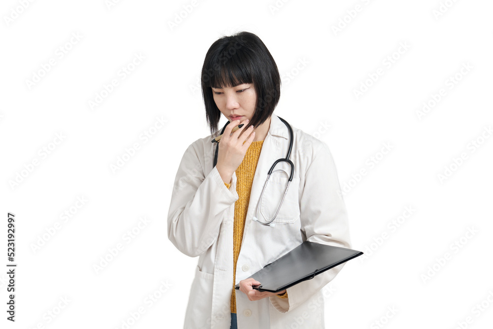 Young asian female doctor worried, isolated on white background.