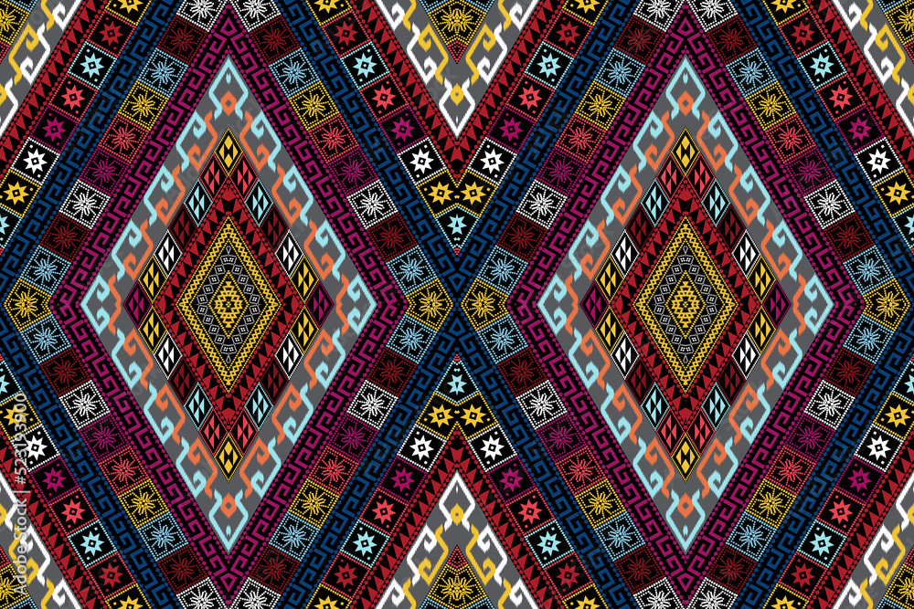Geometric ethnic oriental ikat seamless pattern traditional Design for background, carpet, wallpaper, clothing, wrapping, Batik, fabric, illustration, boho embroidery style.