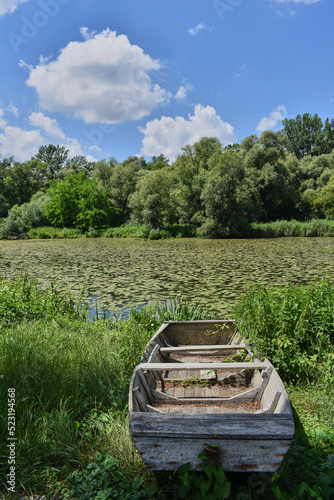 Old wooden boat on a river bank on a sunny summer day