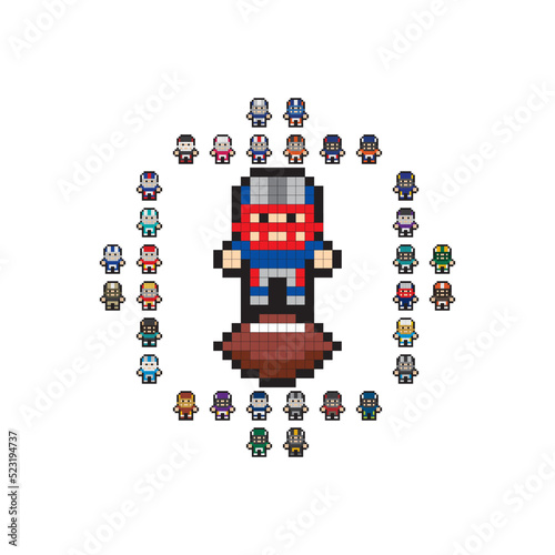 Characters in uniforms of American football teams drawn in 8-bit video game graphics.
