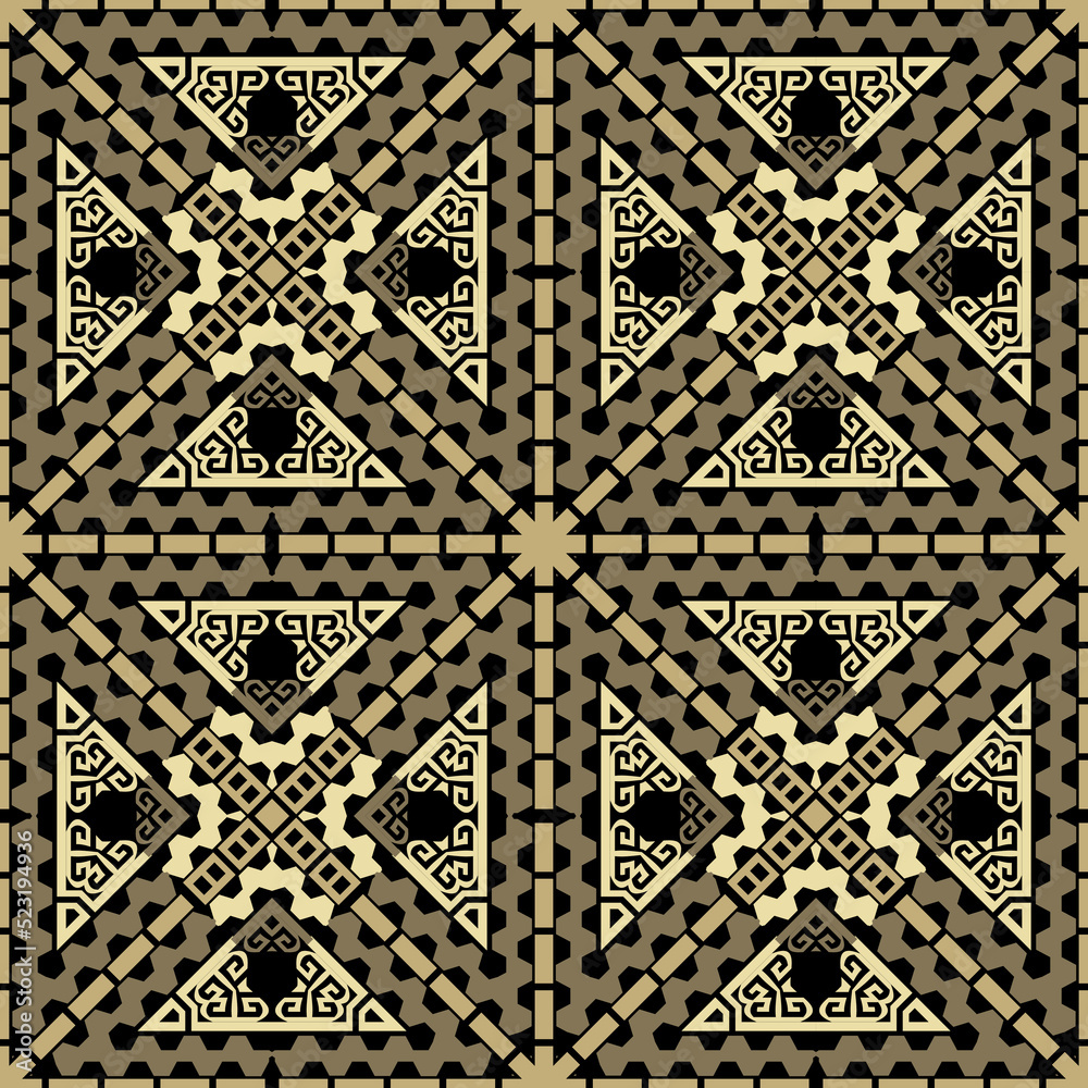 Triangles. Gold elegant traditional seamless pattern. Greek ornamental plaid tartan vector background. Repeat backdrop. Golden geometric ornaments. Modern beautiful design. Endless triangles texture