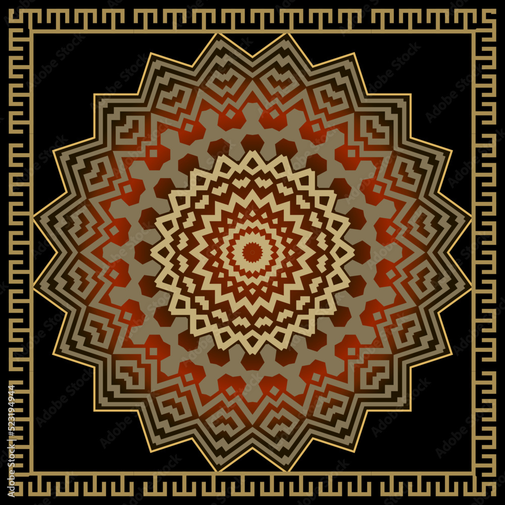 Mandala. Zigzag ornament. Zig zag pattern with square meander frame, border. Roung colorful mandala with greek key meanders ornament. Ornamental tribal ethnic ancient style design. Ornate texture