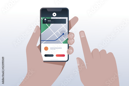 hand holding smartphone with online taxi app on screen vector flat illustration