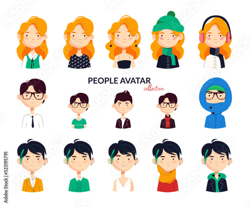 A set of three cute stylized characters in different clothes. Avtar, faces in flat style. Vector illustration isolated on a white background. photo