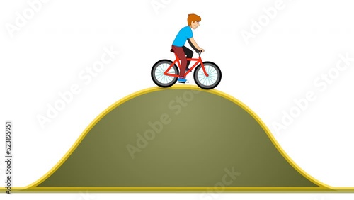 Bicycle hill animation. Potential, kinetic, mechanical energy. Rider man bike cycle animated. Male character slow climbing peak, fast landing. ramp road. Education, sport, outdoor travel. 2D video