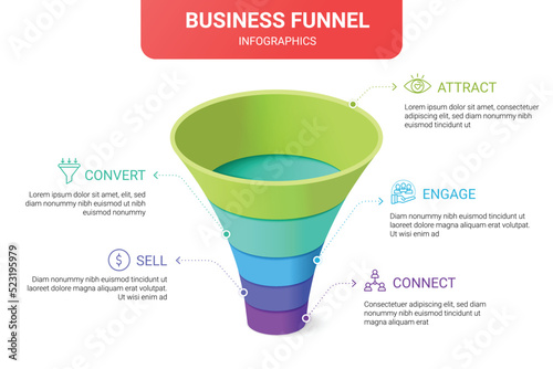 5 level sales funnel diagram. 3D Infographic template illustration for business.