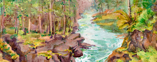 Fototapeta Naklejka Na Ścianę i Meble -  A bubbling mountain river in a coniferous forest