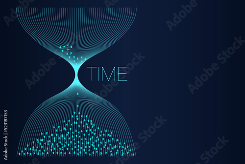 Abstract concept of time. Hourglass from light lines and diamond particles flowing isolated on hourglass on blue background with place for text. Vector illustration in modern, luxury, elegant colors.