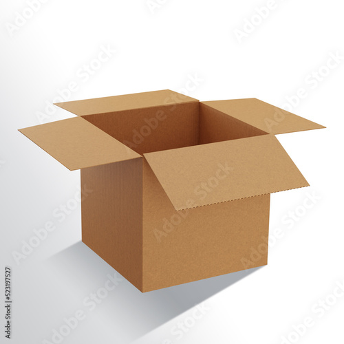Open cardboard box 3D rendering. Packaging box mock up.