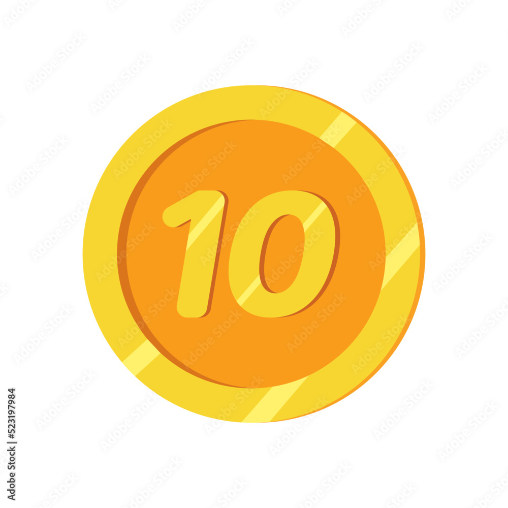Gold coin with 10 number. Vector illustration isolated on white background Gold coin with 10 number. Vector illustration isolated on white background