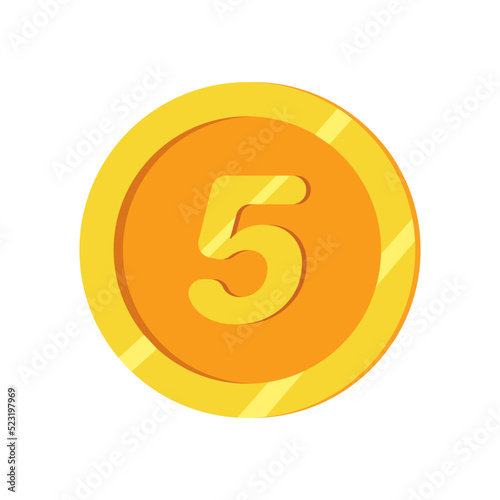 Gold coin with 5 number. Vector illustration isolated on white background