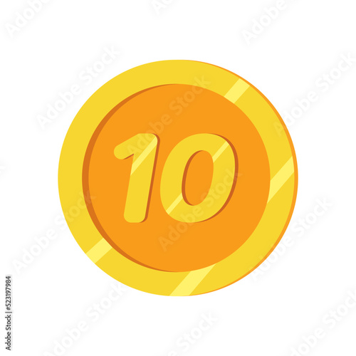 Gold coin with 10 number. Vector illustration isolated on white background