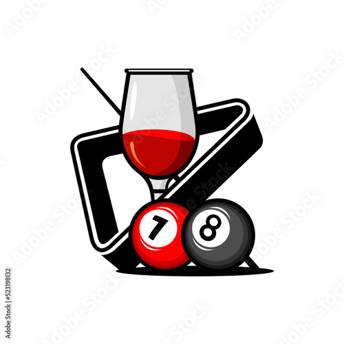 vector illustration of billiard ball, glass of red wine and billiard stick