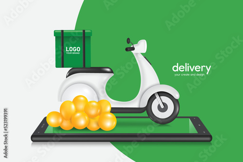 Green food bag or box is placed on a white motorcycle or scooter and yellow balloons place on smartphone with a green screen,vector 3d isolated for delivery and online shopping concept design