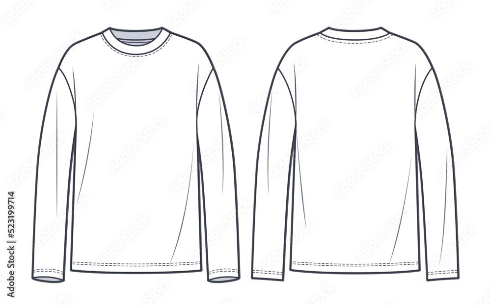Long Sleeve Shirt fashion flat tehnical drawing template. Unisex TShirt fashion template, crew
