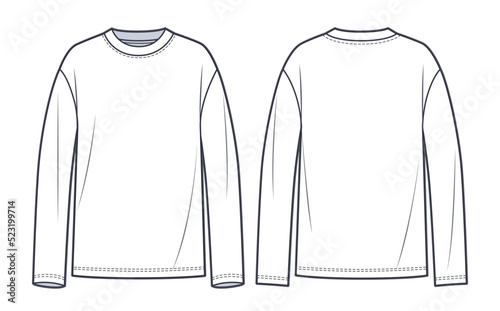 Long Sleeve Shirt fashion flat tehnical drawing template. Unisex T-Shirt fashion template, crew neck, long sleeve, front and back view, white colour, women, men, CAD mockup.