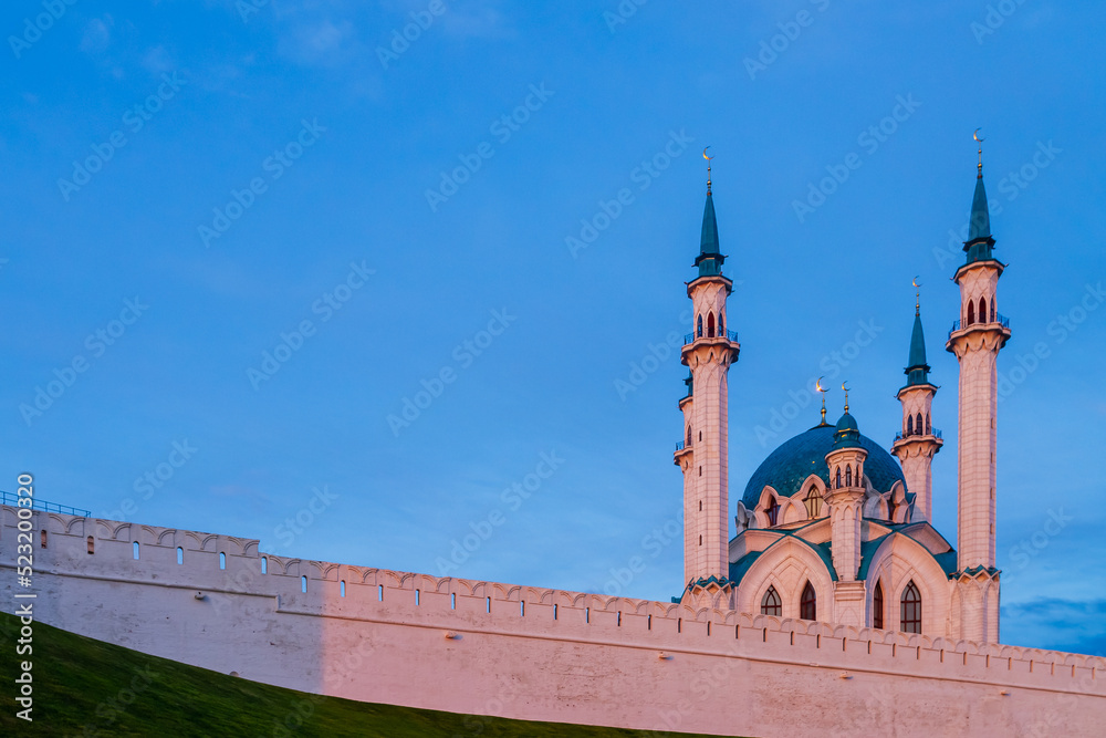 Kul Sharif Mosque in Kazan in Russia in the evening in the pink light of the setting sun in the twilight sky