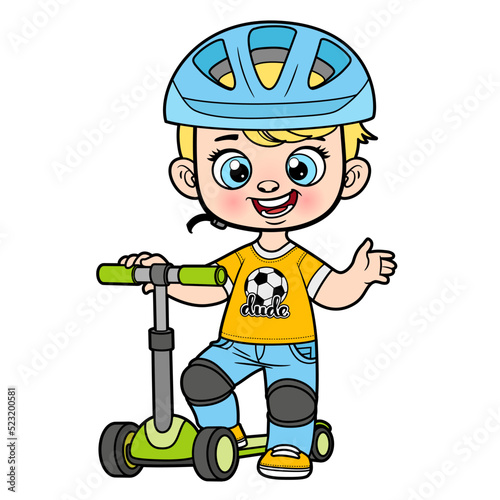 Cute cartoon boy in a helmet and with scooter color variation for coloring page on white background