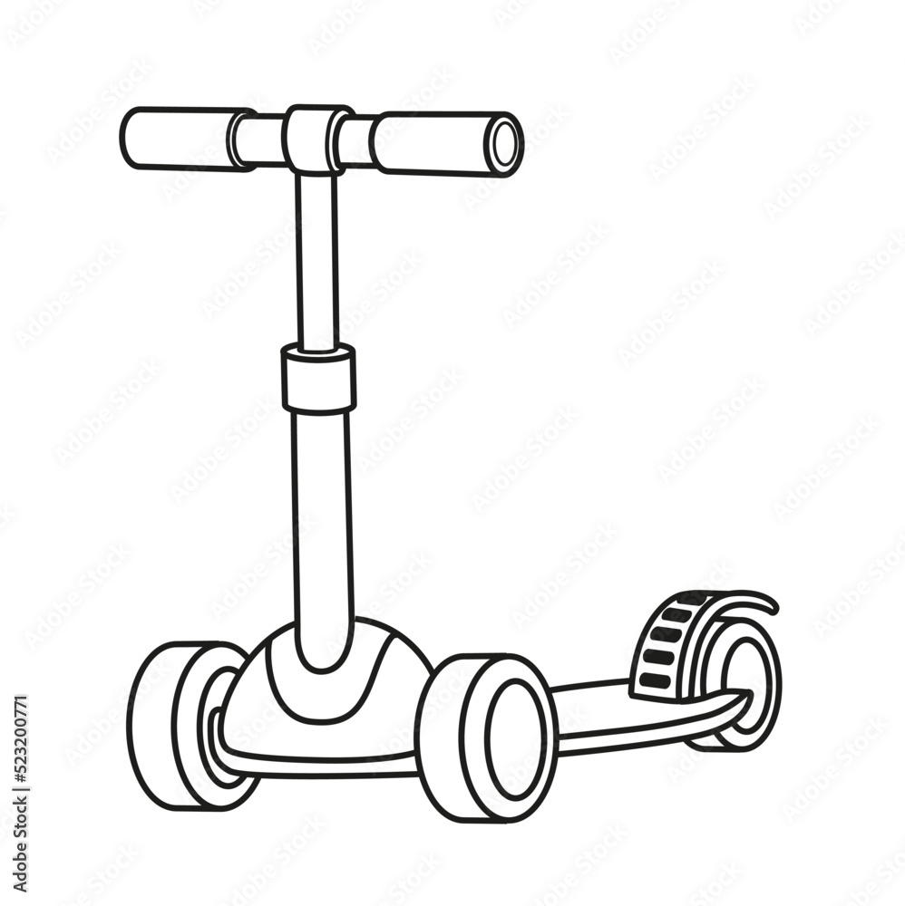 Children's tricycle scooter linear drawing for coloring isolated on