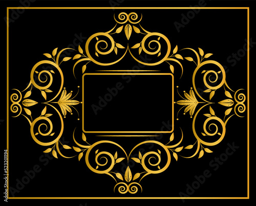 Golden floral ornament frame design vector on black color
