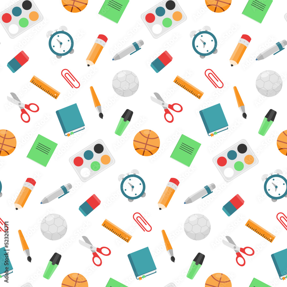Back to school seamless pattern. Supplies and equipment for learning.