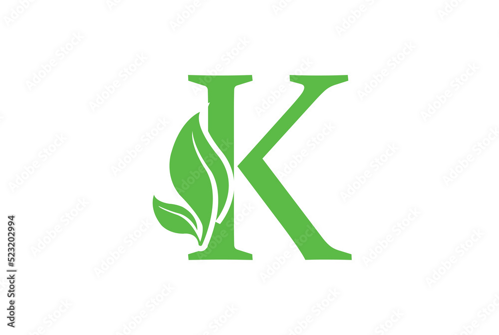 K letter logo with leaf. Creative modern Nature logo design for K