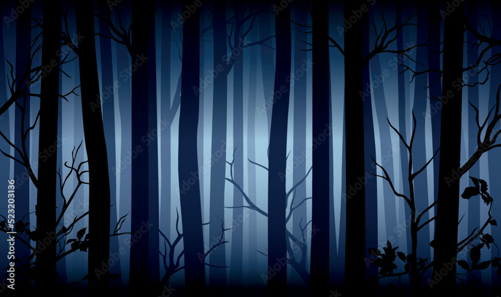 Vector blue mysterious dark forest landscape with silhouettes of trees and branches - obrazy, fototapety, plakaty 