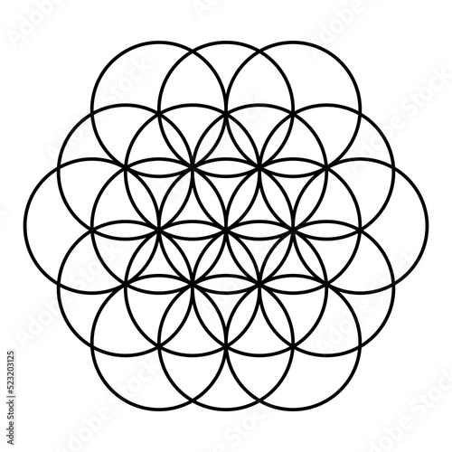 Flower of life pattern of gold overlapping circles making a symmetrical geometric figure against a dark background.	PNG transparent background