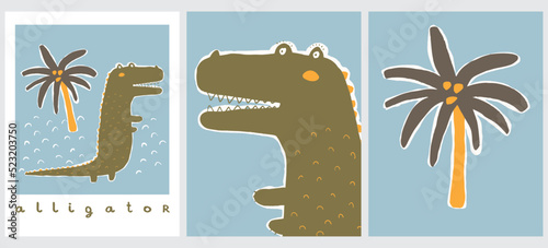 Funny Infantile Style Drawings with Big Green Alligator and Palm Tree. Cute Hand Drawn Vector Illustration with Crocodile. Cool Nursery Art ideal for Card,Poster, Wall Art.Tropical Safari Party Print.