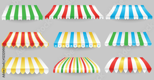 Awning element set. Sunshade prevent sunlight and rain. Shops decorating. Outdoor canopys with various edges. Marketplace tents roof, template for design