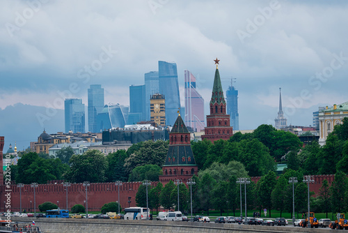 Moscow, Russia - May 20 2018: Cityscape of Moscow with Kremlin on foregrounf and skyscrapers of Moscow-city on background photo