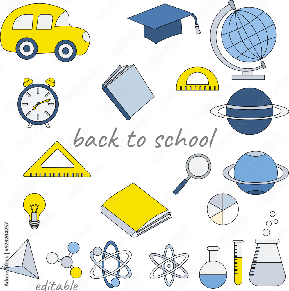 Fototapeta premium Back to school. Set of editable images with bus, globe, book and planet. Design elements.