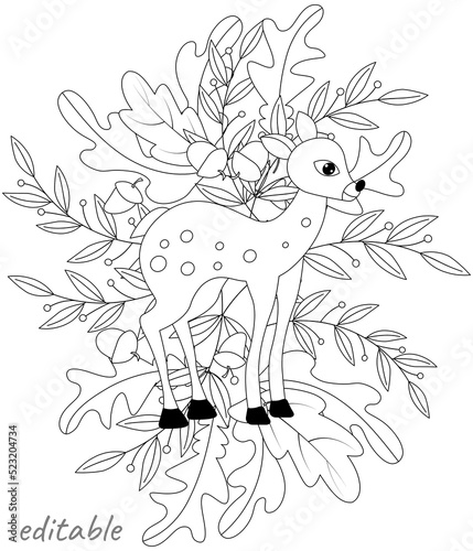 Cute deer with autumn leaves and acorns. Autumn collection. Relaxation coloring template.