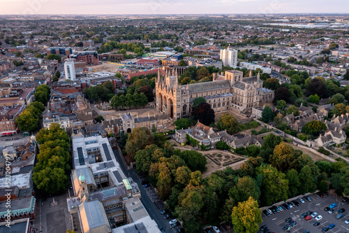 Aerial cityscape skyline of Peterborough Cathedral and city centre