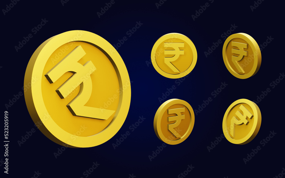 Set of golden Rupee coins from various angles and views on isolated background, 3D Illustration Set of golden Rupee coins from various angles and views on isolated background, 3D Illustration