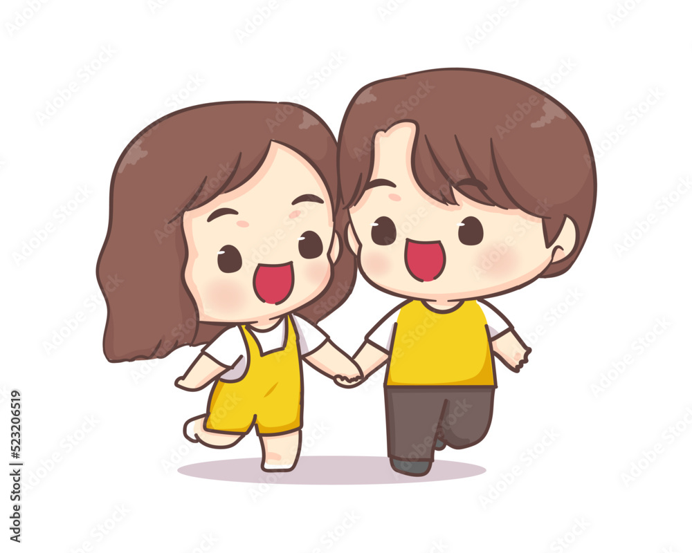 Cute lovers couple walking together chibi cartoon character. Happy valentine day Cute lovers couple walking together chibi cartoon character. Happy valentine day