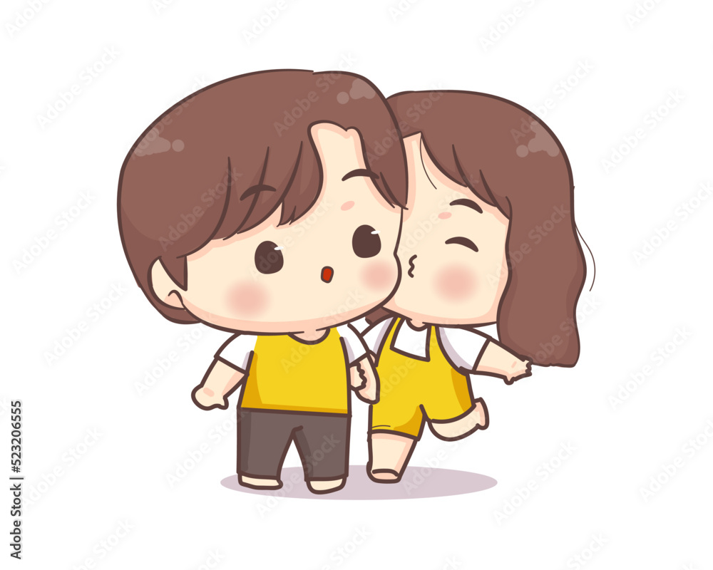 Cute lovers couple greeting pose. Girl kiss boyfriend. Happy valentine chibi cartoon character. Cute lovers couple greeting pose. Girl kiss boyfriend. Happy valentine chibi cartoon character.