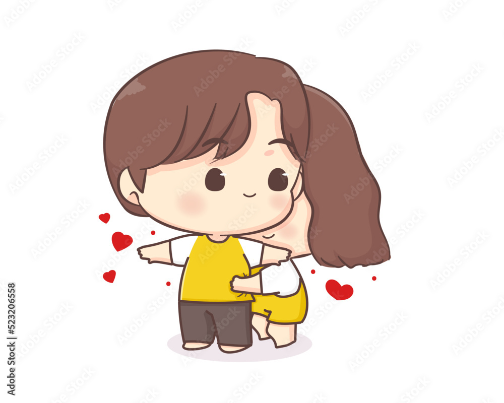 Cute lovers couple chibi cartoon character. Girl hugging her boy friend Happy valentine day