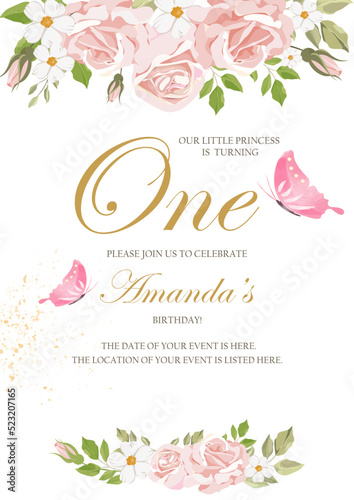 Invitation to the princess's birthday party. Template for baby shower invitation. It is a girl. One year