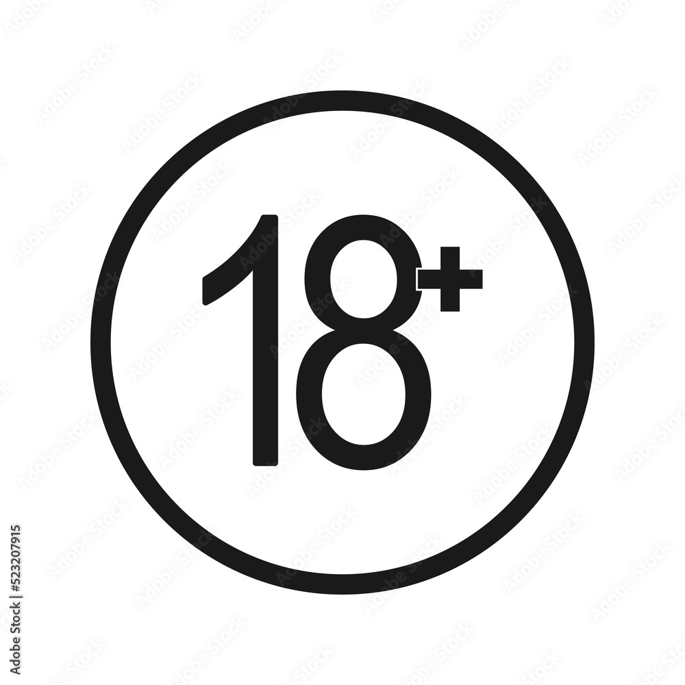Eighteen plus black isolated symbol, age 18 + vector icon, adult content prohibited for children video design in round shape Eighteen plus black isolated symbol, age 18 + vector icon, adult content prohibited for children video design in round shape