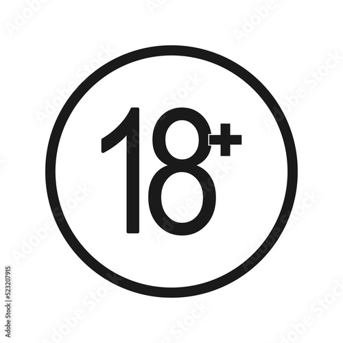 Eighteen plus black isolated symbol, age 18 + vector icon, adult content prohibited for children video design in round shape