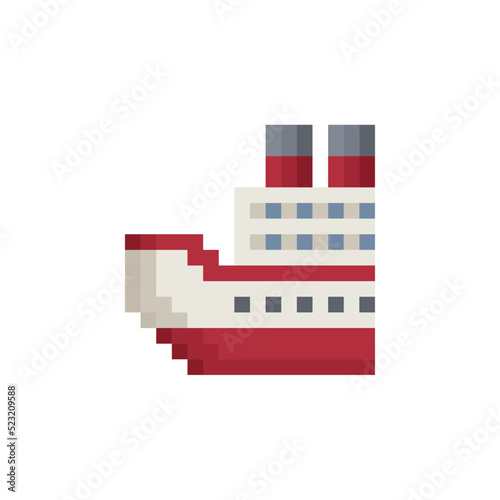 Cruise ship liner pixel art icon. Isolated vector illustration. 8-bit sprite. Design stickers, logo, mobile app.