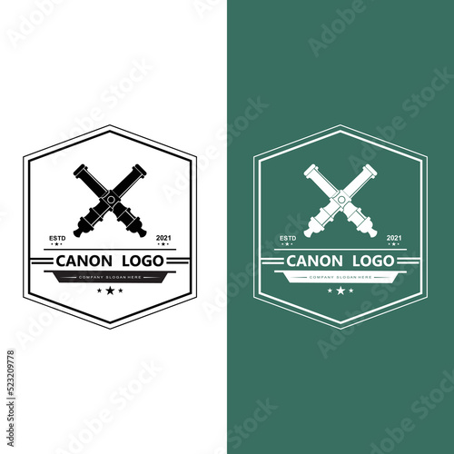 cannon logo vector icon, army war weapon, bomb, explosive device, royal guard, retro vintage