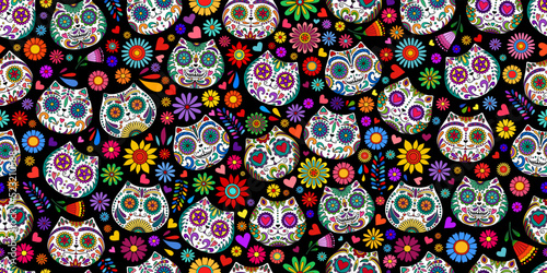 Day of the Dead skulls pattern. Mexican dead Cat. Dia de los muertos print. Day of the dead and Mexican tradition festival. Day of the dead sugar skull isolated. Dia de los Muertos tattoo skulls.